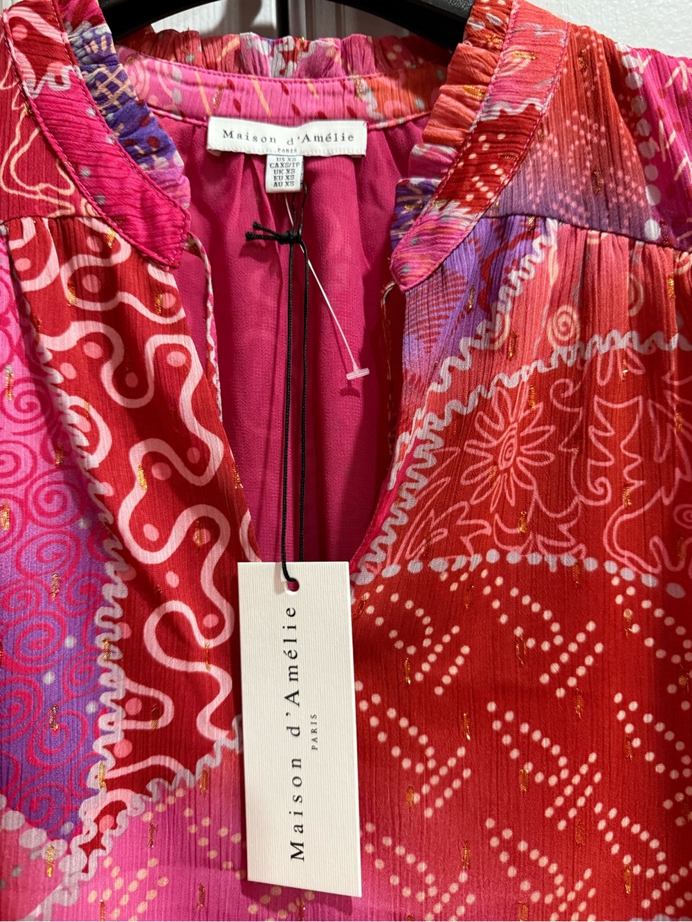 Maeve Pink & Red Patchwork Ruffle-Sleeve Blouse - Picture 2 of 3